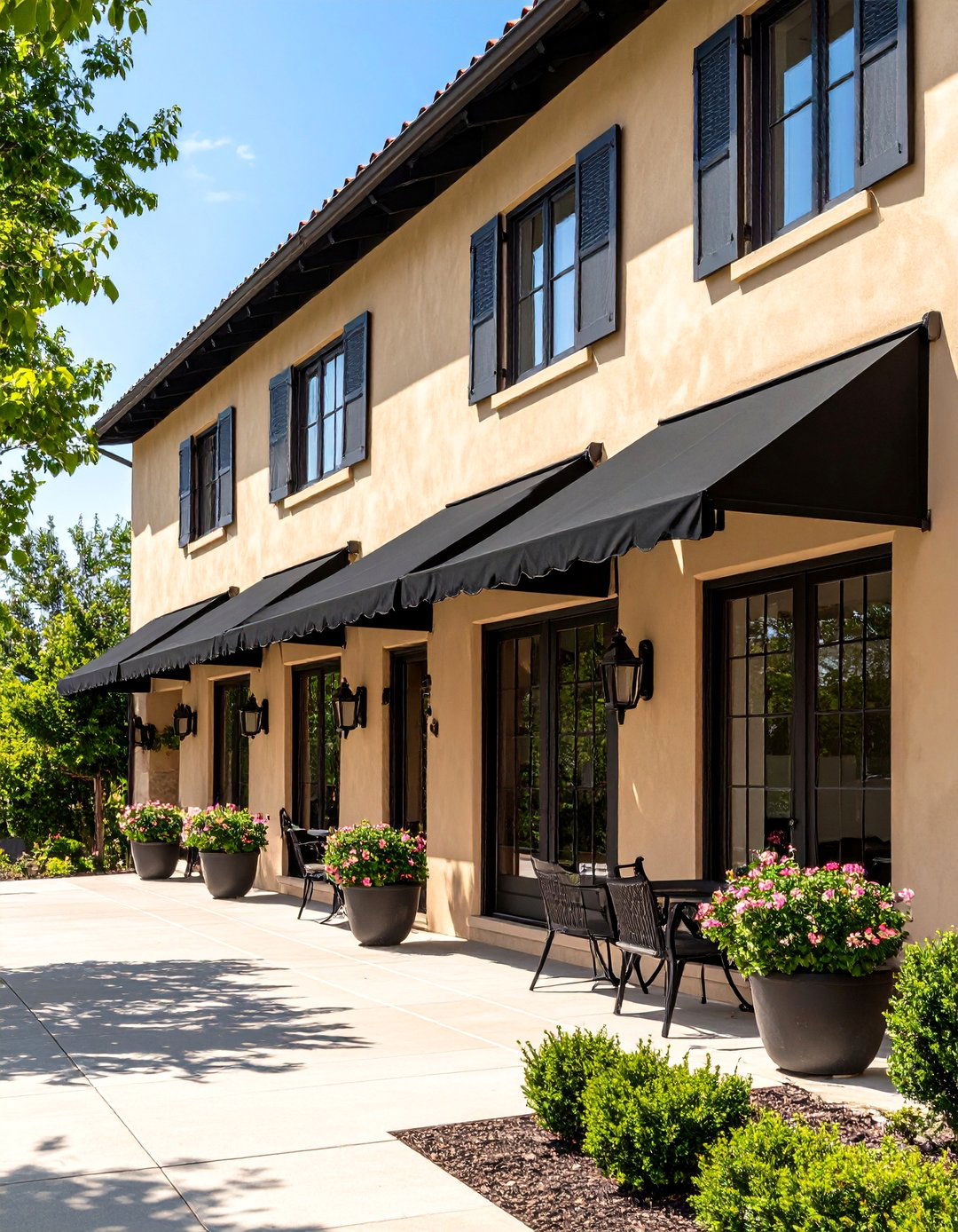Tan Board and Batten Garage Doors with Black Trim - 20 Tan House With Black Trim Design Ideas