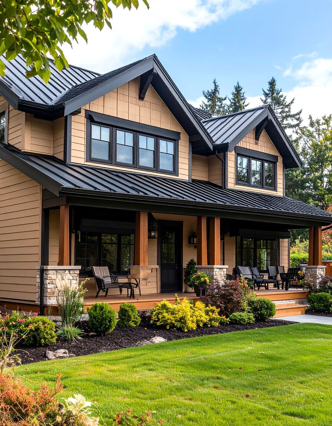 Tan Exterior with Black Lighting and Hardware - 20 Tan House With Black Trim Design Ideas