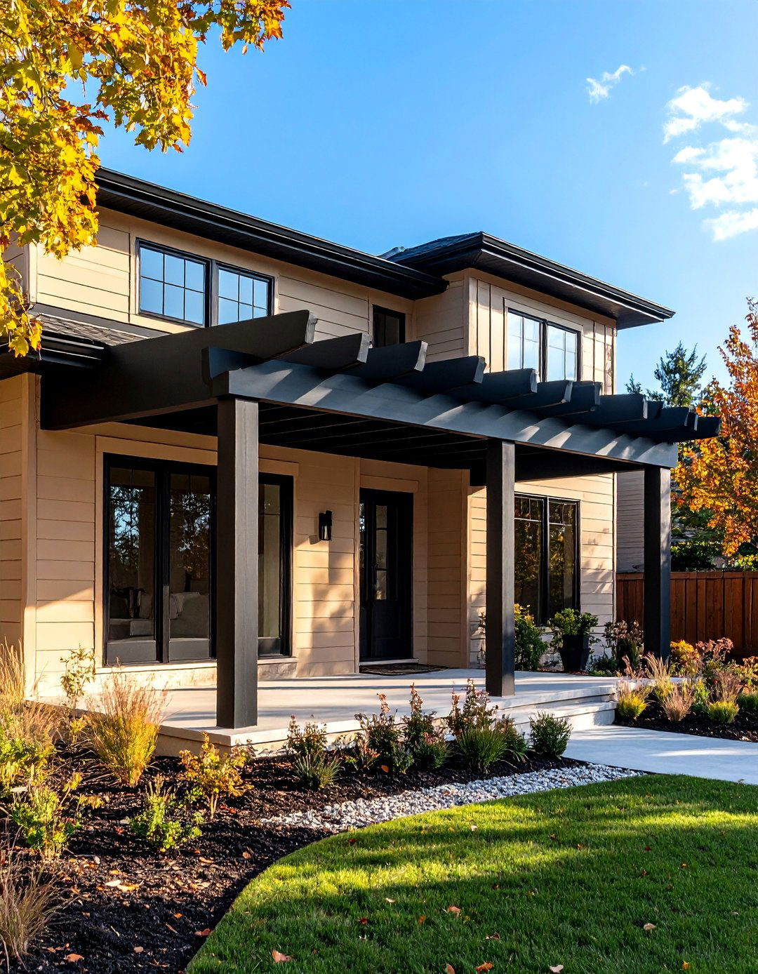 Tan Shingle Style with Black Window Mullions - 20 Tan House With Black Trim Design Ideas