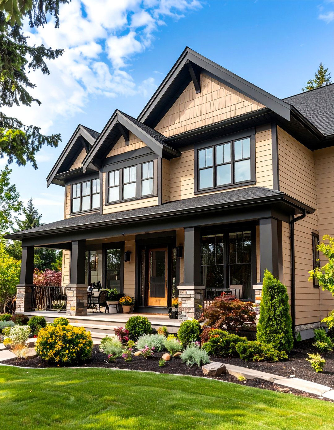 Tan Stone Veneer Pillars with Black Balustrades - 20 Tan House With Black Trim Design Ideas