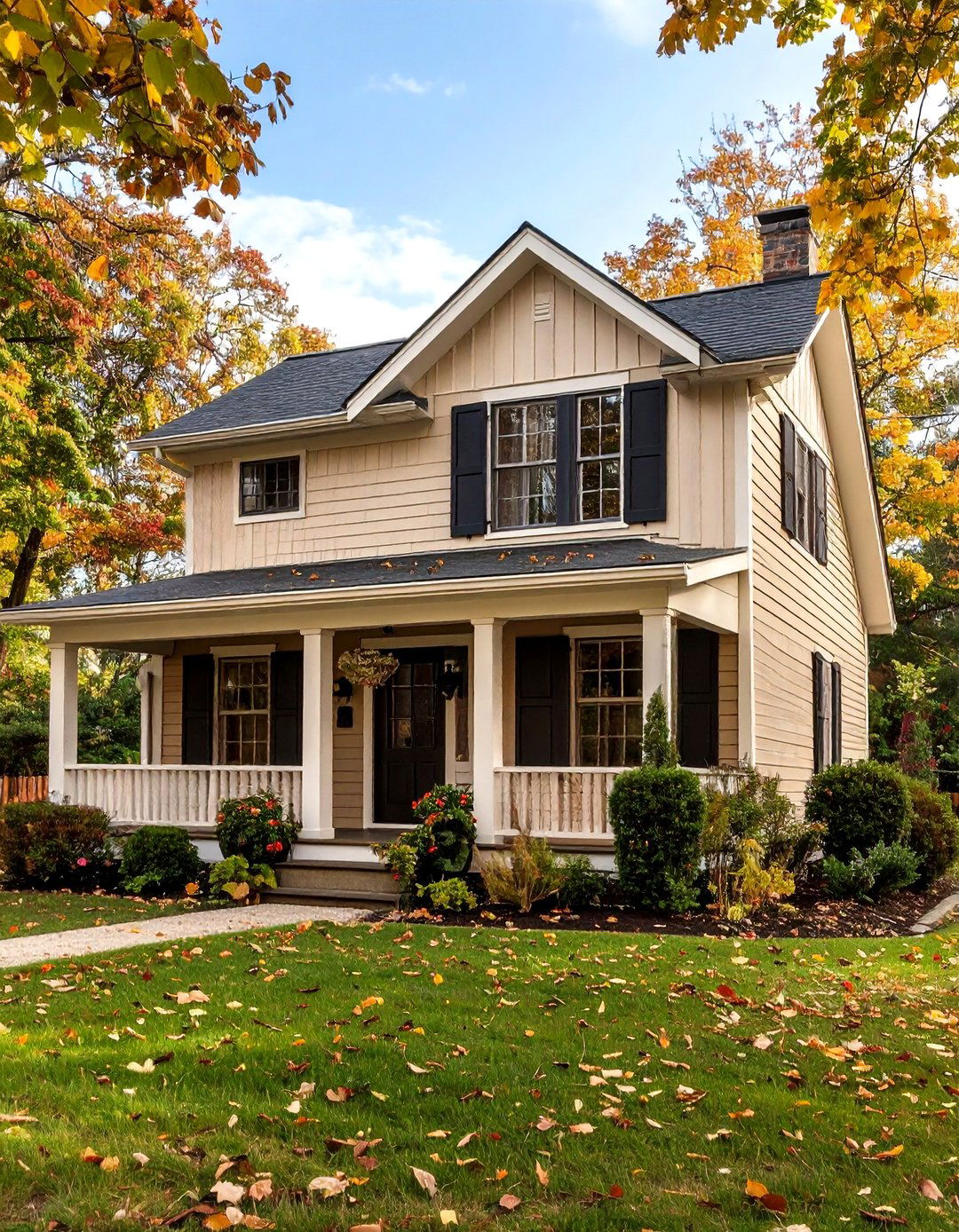 Tan Stucco with Black Canopy Awnings - 20 Tan House With Black Trim Design Ideas