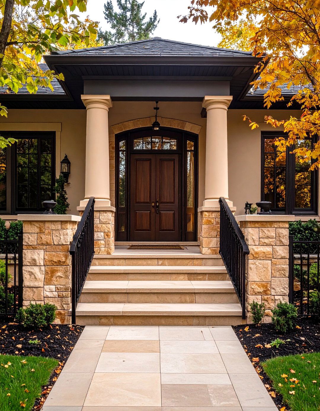 Tan Vertical Board and Batten with Black Shutters - 20 Tan House With Black Trim Design Ideas