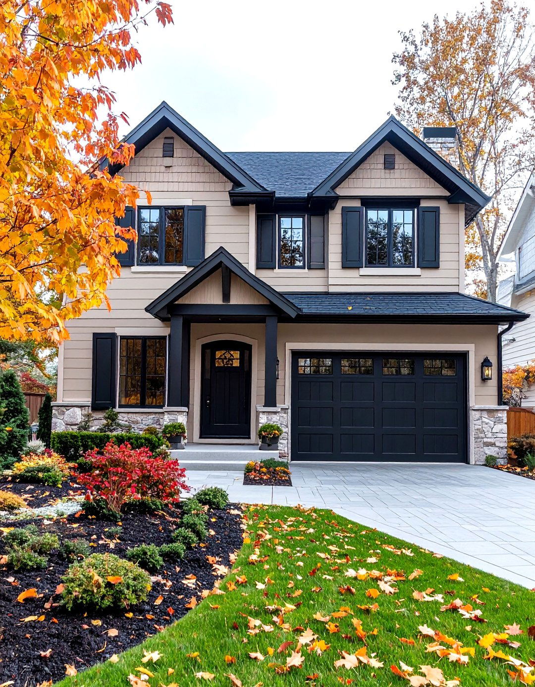 Taupe Exterior with Charcoal Black Shutters and Doors - 20 Exterior Taupe House Color Combinations