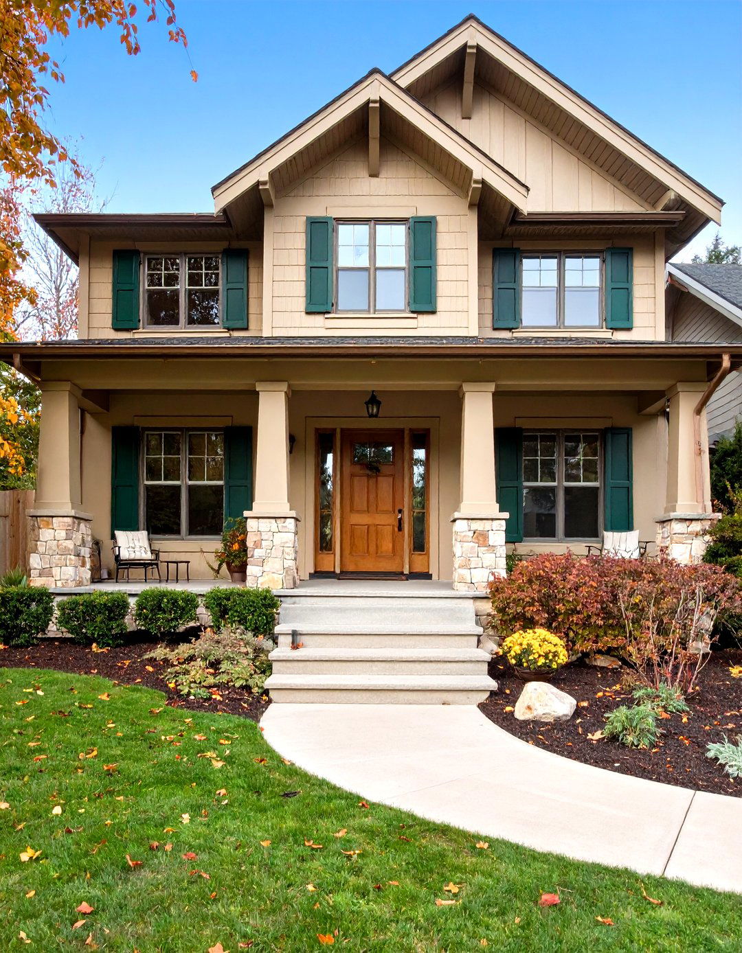 Taupe House with Forest Green Shutters and Trim - 20 Exterior Taupe House Color Combinations