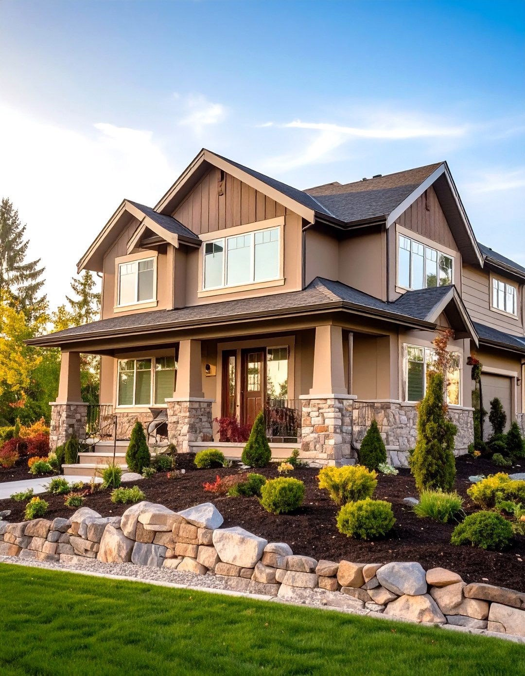 Taupe Siding with Natural Stone and Cream Accents - 20 Exterior Taupe House Color Combinations