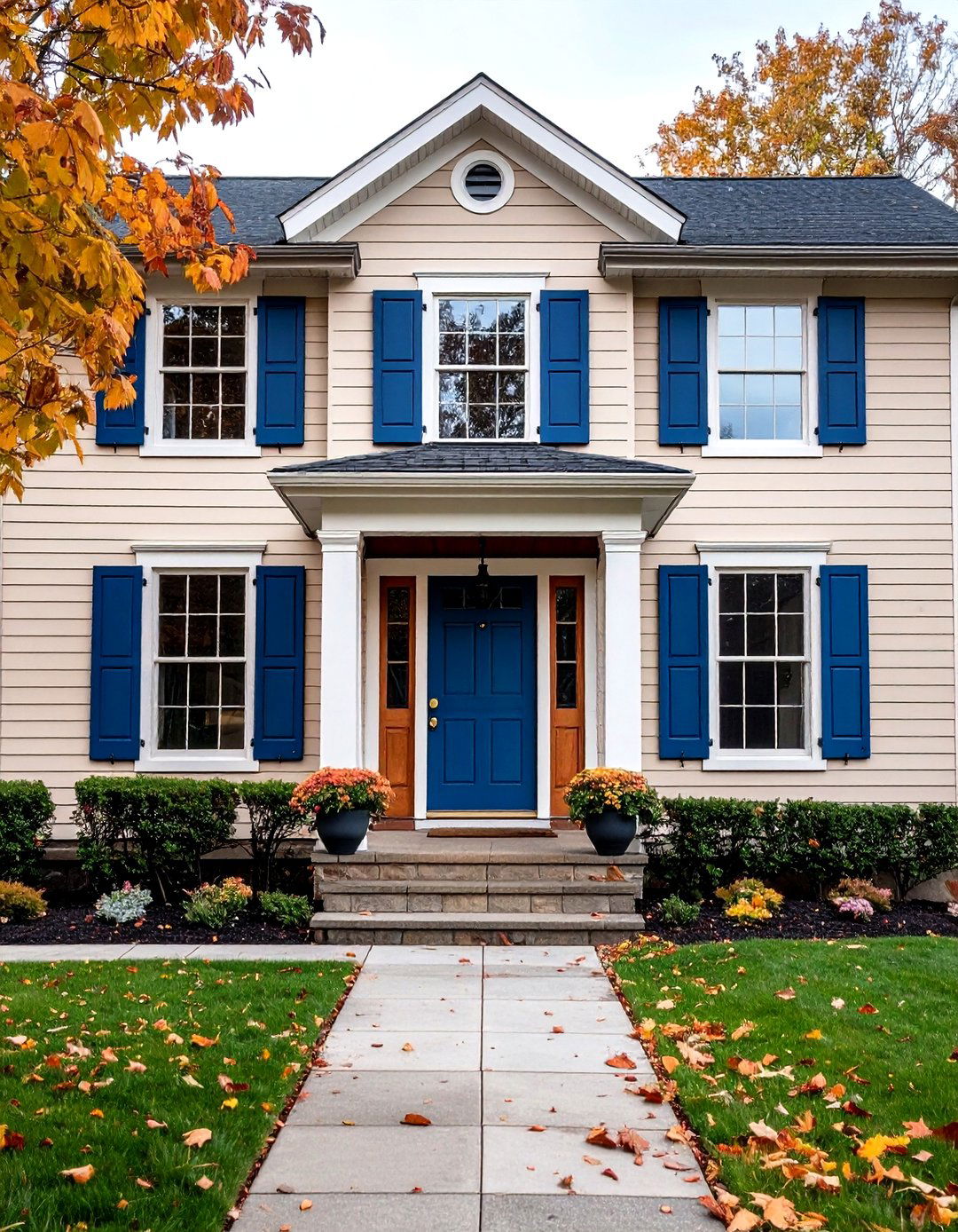 Taupe Siding with Navy Blue Trim and Doors - 20 Exterior Taupe House Color Combinations