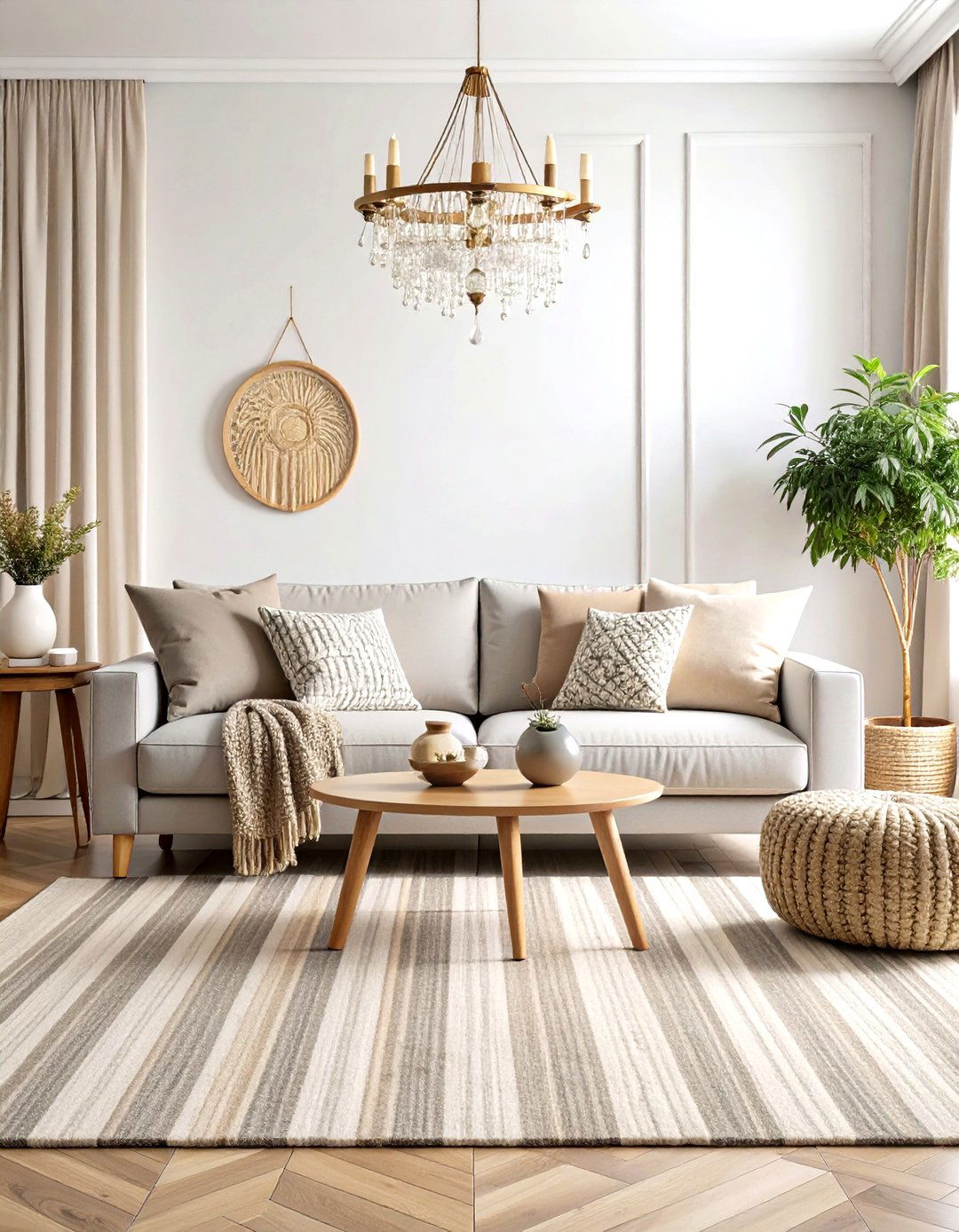 Taupe and Cream Striped Rug with a Grey Couch - 20 what color rug goes with a grey couch