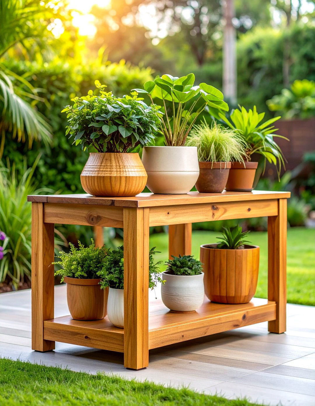 Teak Outdoor Plant Stand with Natural Weather Resistance - 20 Outdoor Plant Stand Ideas
