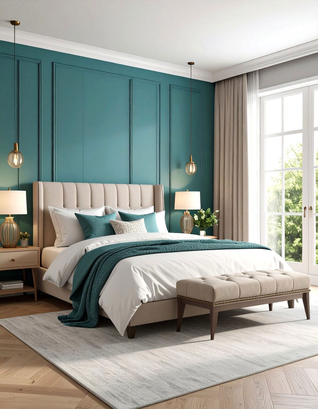 Teal Accent Wall Against a Grey Backdrop - 20 Teal and Grey Bedroom Ideas