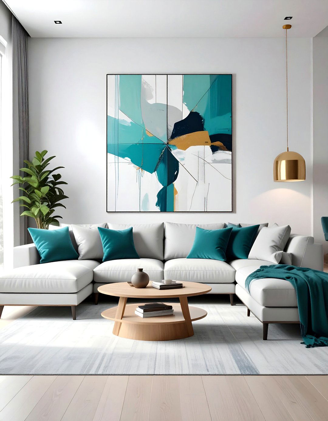 Teal Accent Wall with Grey Furniture - 20 Teal and Grey Living Room Ideas