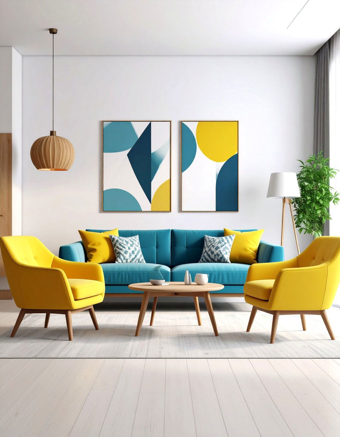 Teal Blue Couch Living Room with Vibrant Yellow Accent Chairs - 20 Blue Couch Living Room Ideas