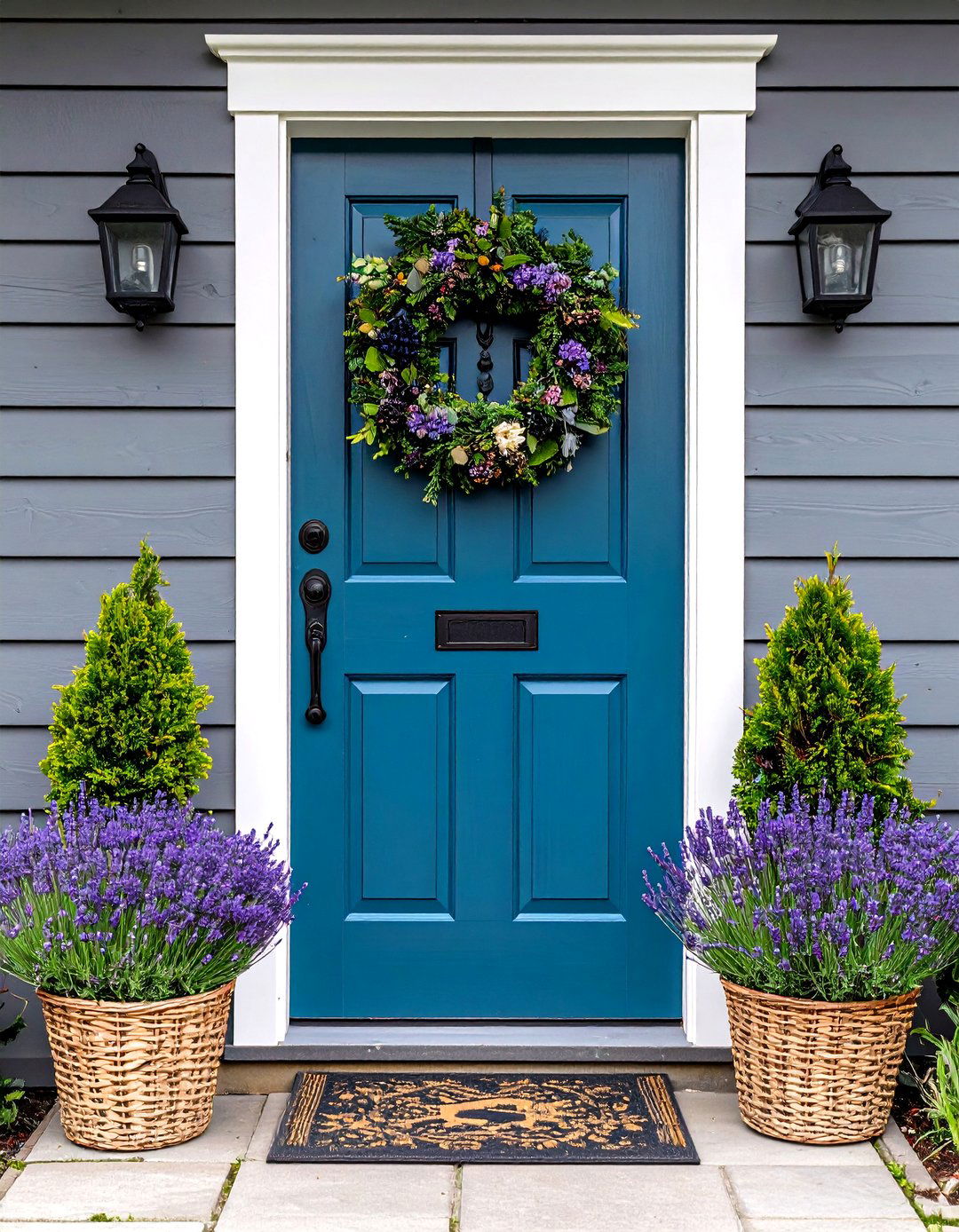 Teal Blue Dutch Door with Grey Farmhouse - 20 Grey House With Blue Door Ideas