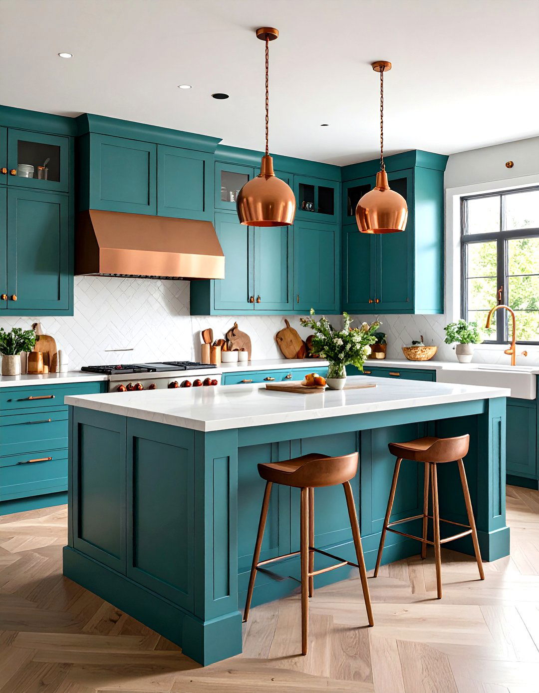 Teal Blue Kitchen Island with Copper Elements - 20 Blue Kitchen Island Ideas