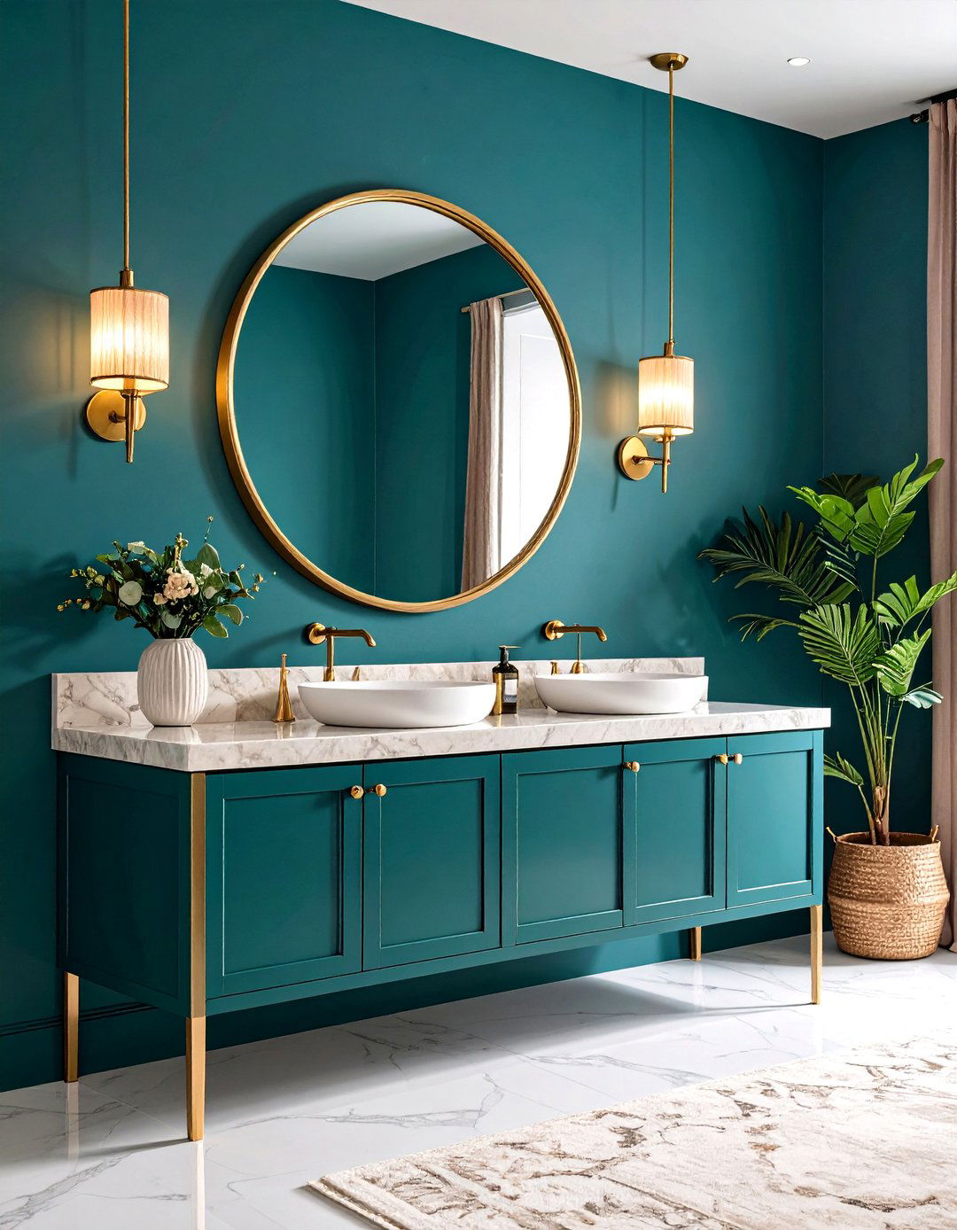 Teal Blue Powder Room with Brass Statement Mirror - 20 blue powder room ideas