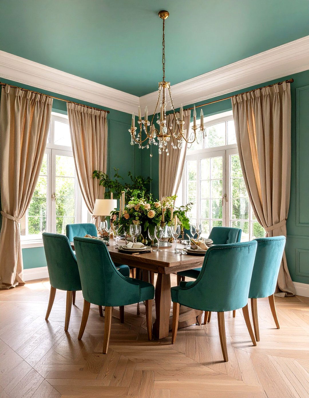 Teal Green Ceiling and Trim Create Monochrome Dining Drama - 20 Green Ceiling Ideas