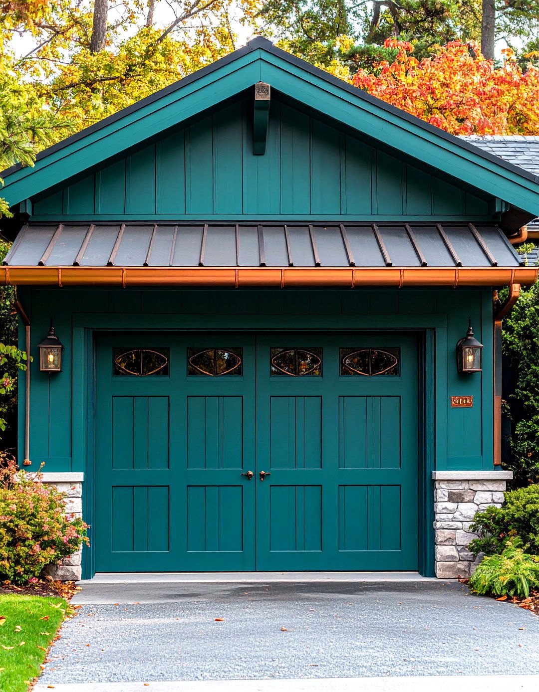 Teal Green Garage Door Accented by Aged Copper Gutters - 20 Green Garage Door Ideas