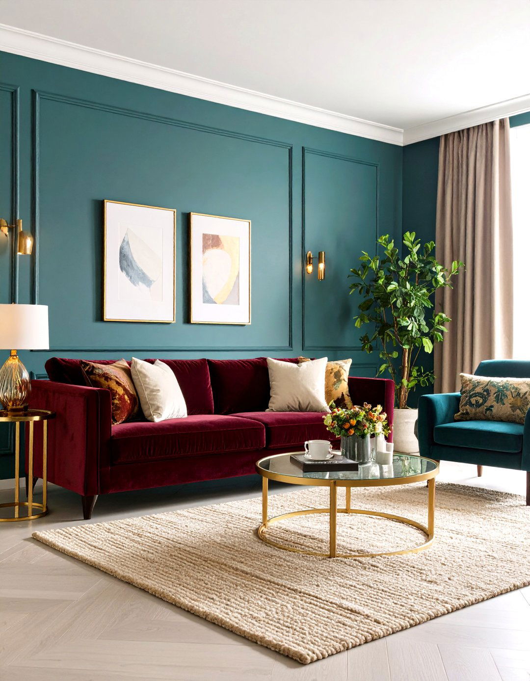 Teal Jewel Tone Contrast - 20 Burgundy Sofa Living Room Ideas