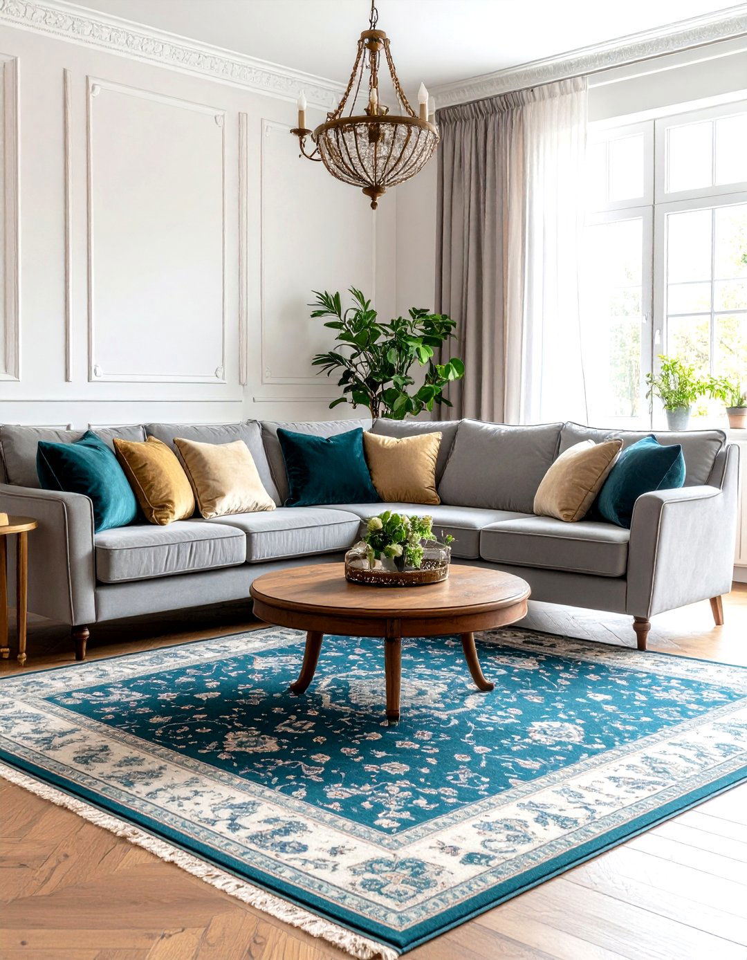 Teal Medallion Rug with a Grey Couch - 20 what color rug goes with a grey couch