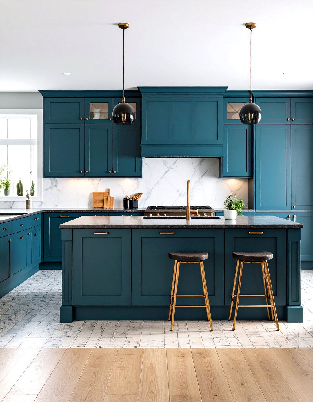 Teal Statement With Copper Accents - 20 Green Kitchen Cabinets With Black Countertops