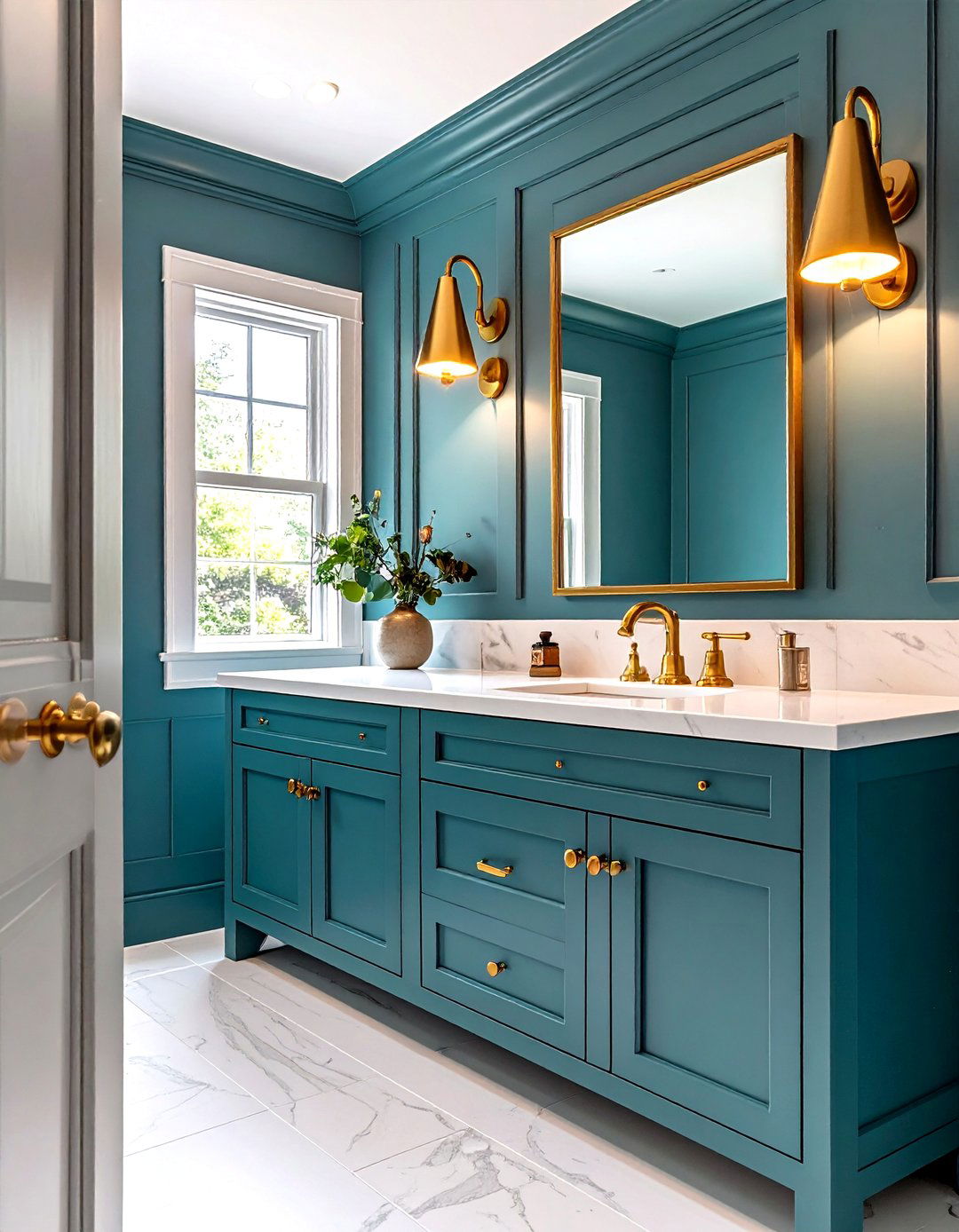 Teal Wainscoting Bathroom with Gold Sconces - 20 Green and Gold Bathroom Ideas