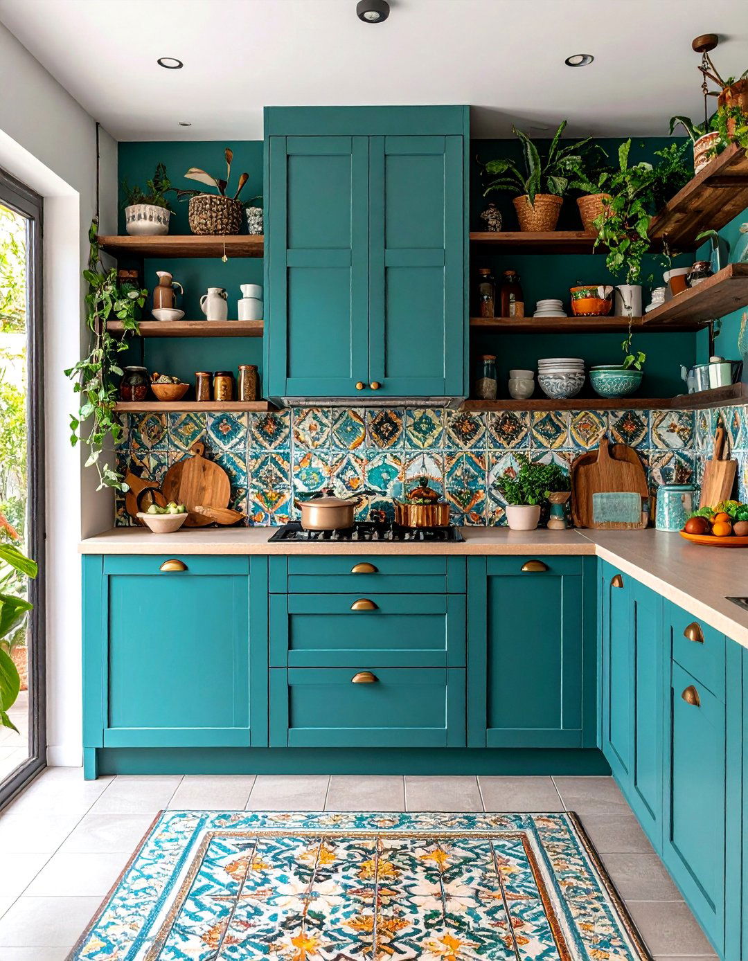 Teal and Brass Hardware - 20 Teal Kitchen Ideas