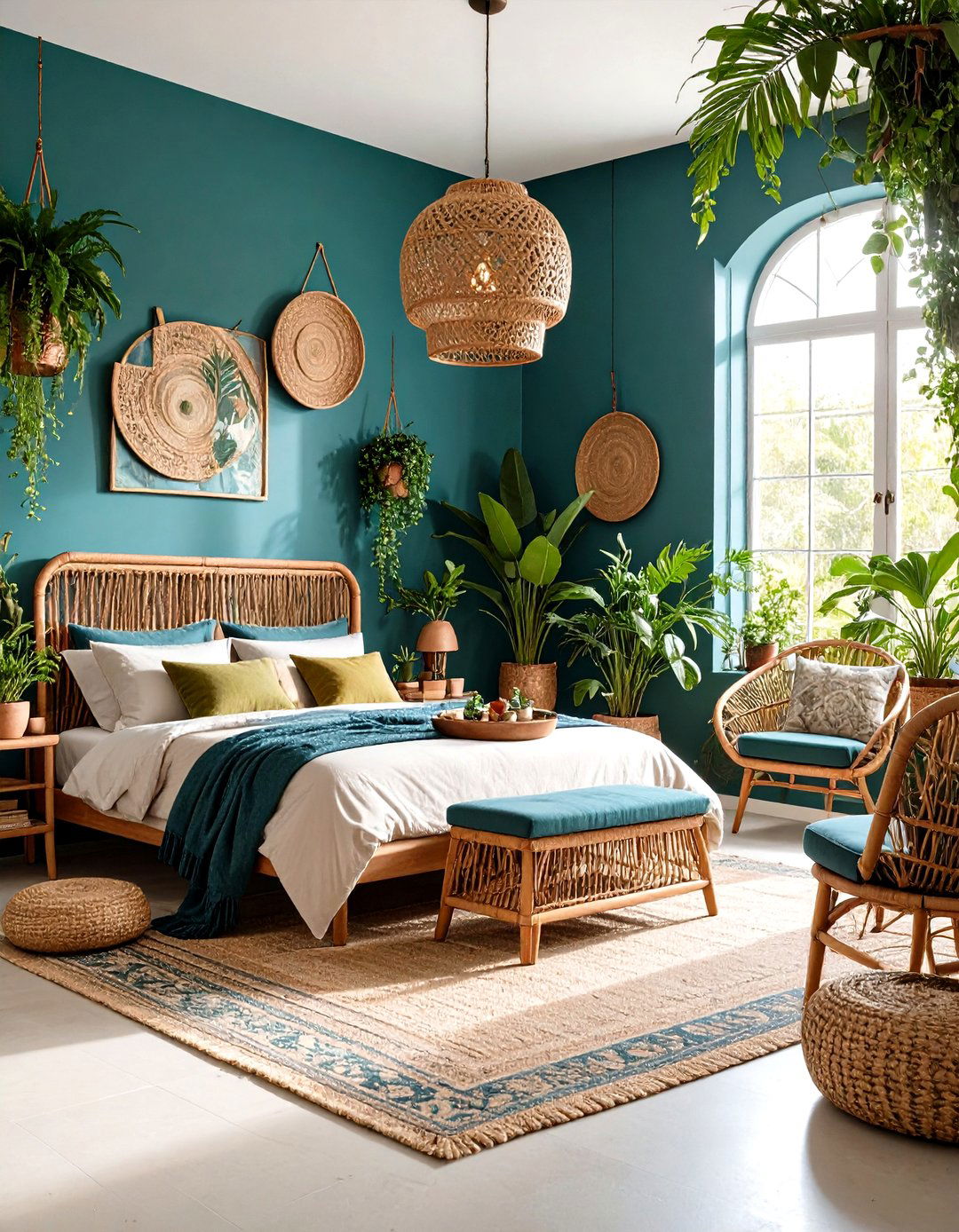 Teal and Emerald Green Bedroom with Botanical Elements - 20 blue and green bedroom ideas