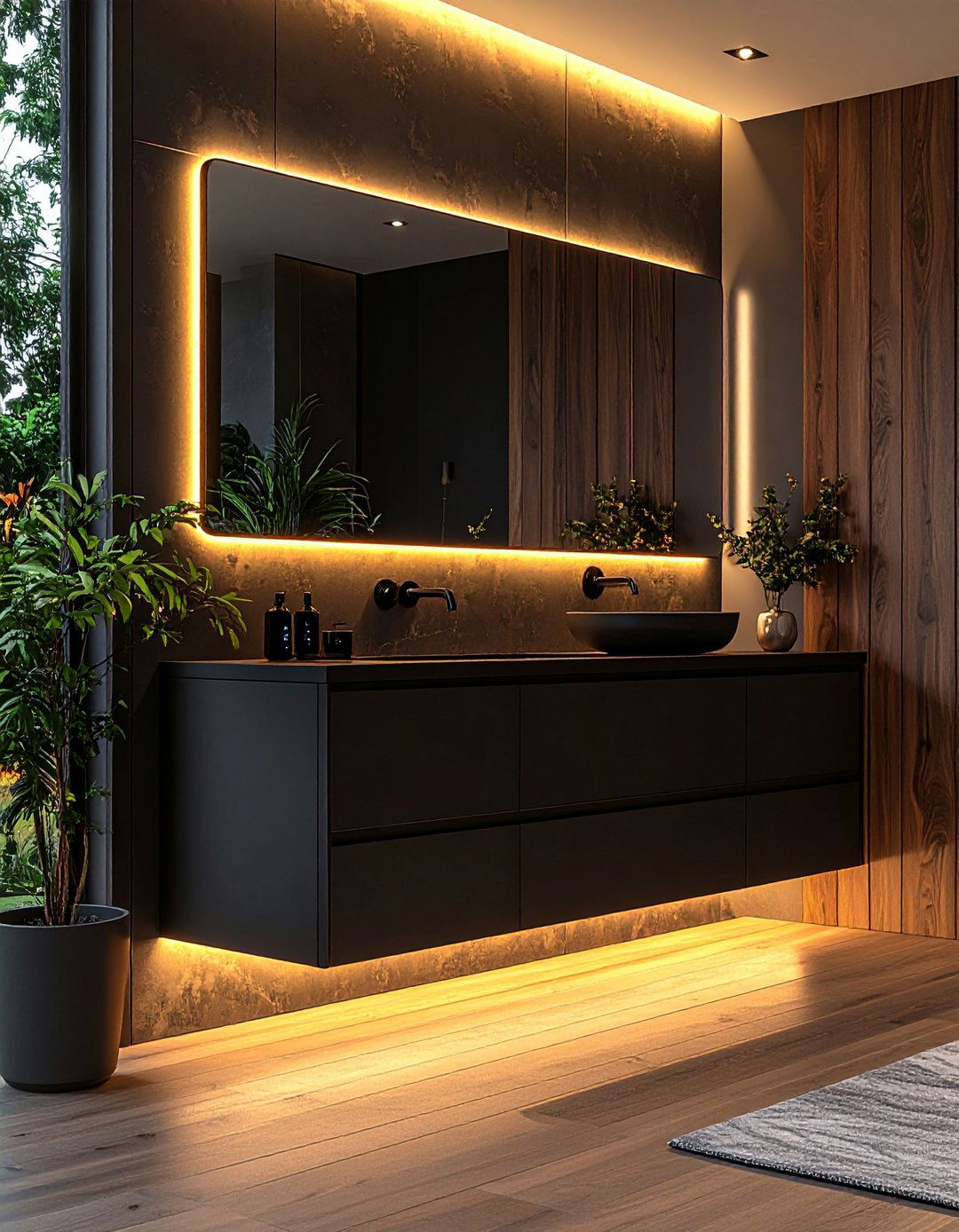 Tech Smart Black Vanity With Integrated Lighting - 20 Black Vanity Bathroom Ideas