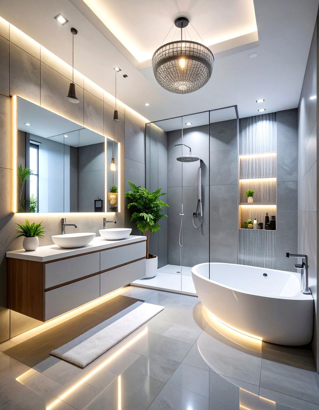 Tech Smart Grey Bathroom Lighting Layers - 20 Grey Bathroom Ideas