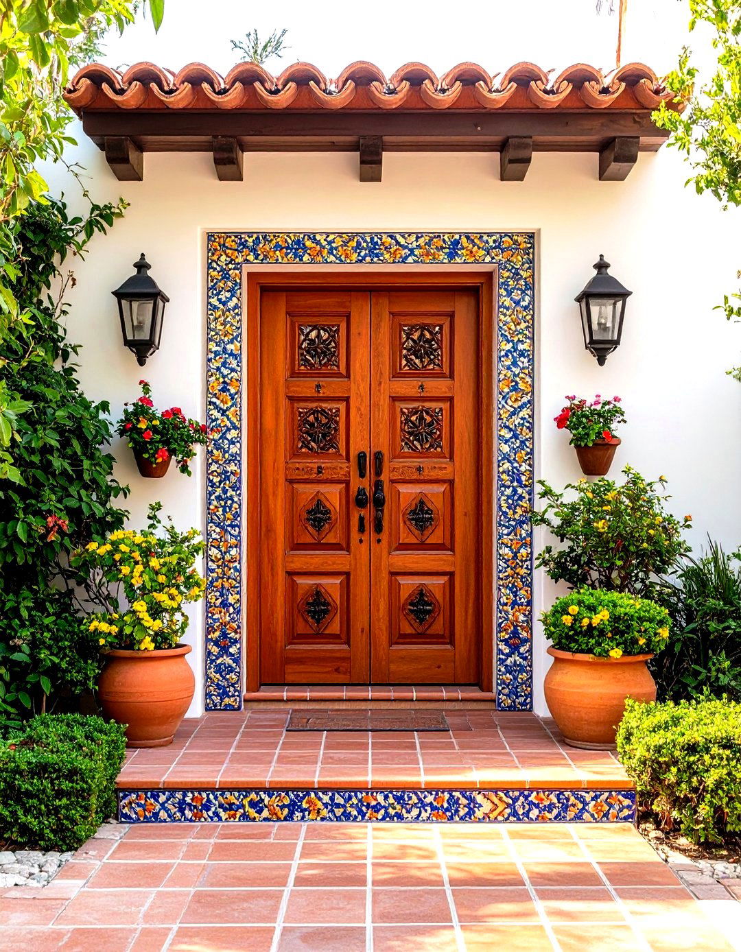 Terra Cotta Mediterranean Front Door with Tile Accents - 20 Mediterranean Front Door Ideas