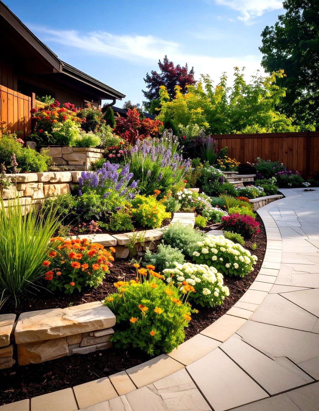 Terraced Beds on a Sloped Driveway Edge - 20 Driveway Landscape Ideas