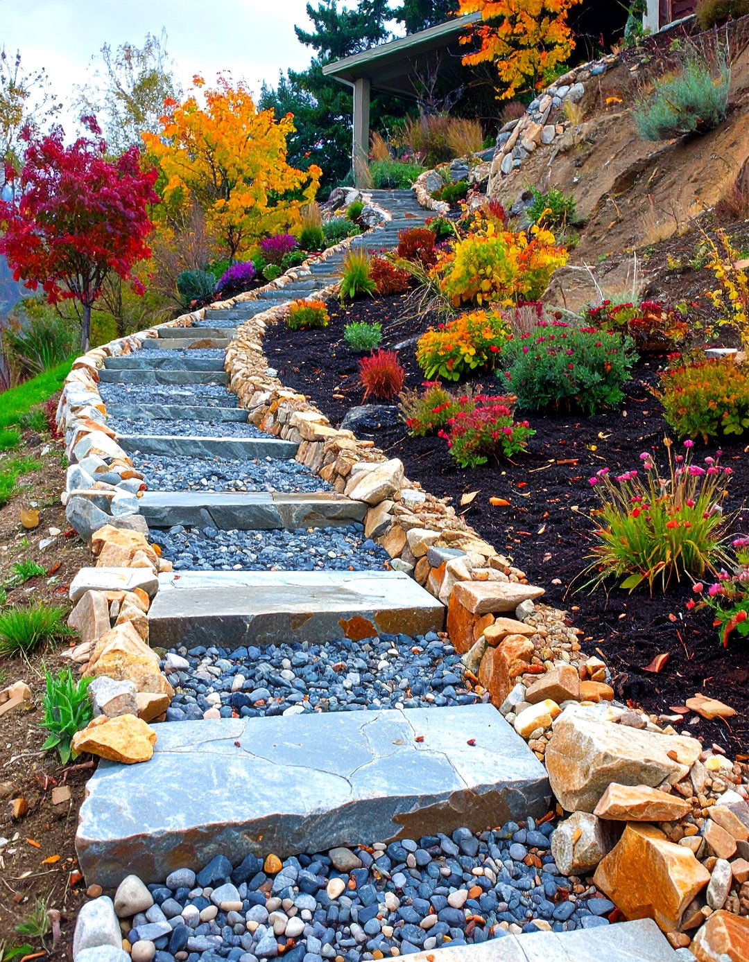 Terraced Slope River Rock Edging Solution - 20 River Rock Edging Ideas