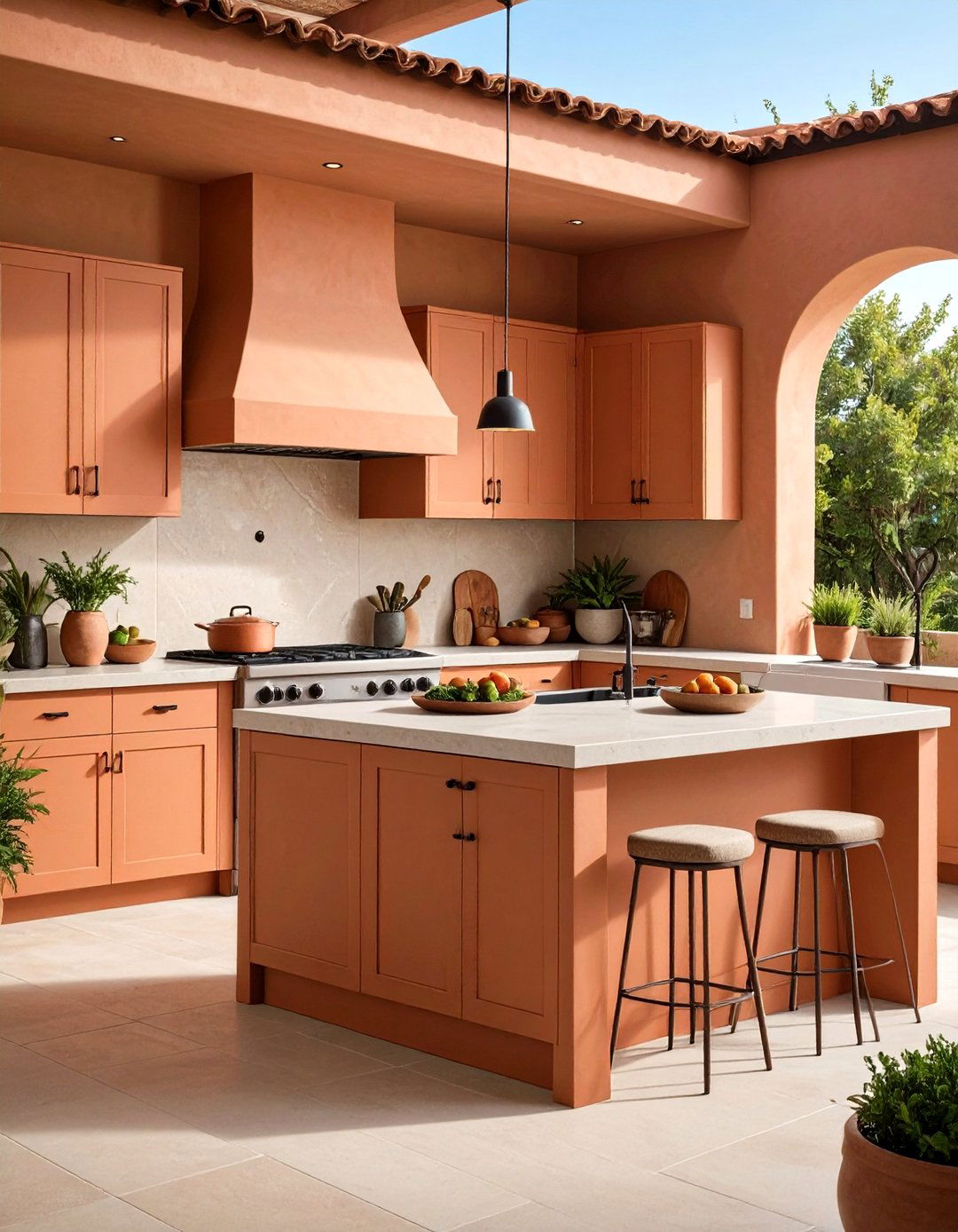 Terracotta Cabinet Accents - 20 Stucco Outdoor Kitchen Ideas