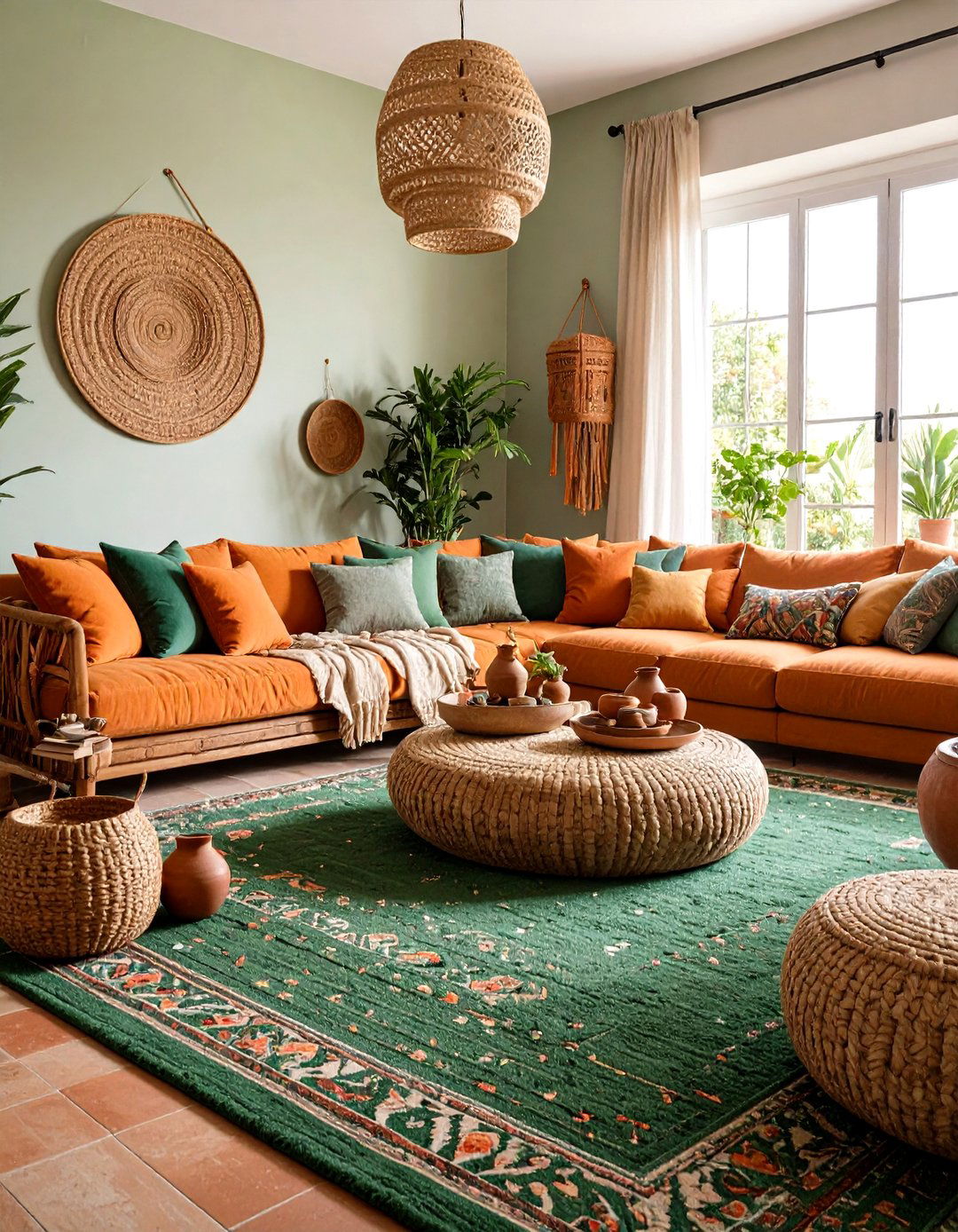 Terracotta Contrast with Green Carpet - 20 Green Carpet Living Room Ideas
