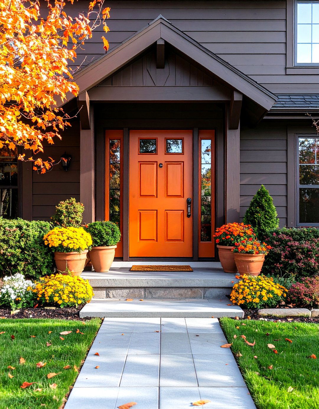 Terracotta Front Door Pops on a Dark Brown House Exterior - 20 Dark Brown House Exterior Ideas