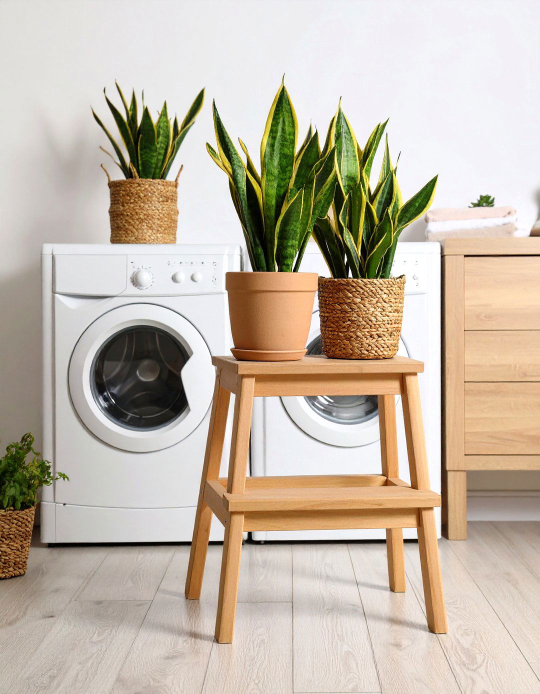 Terracotta Planters Ground Lush Greenery - 20 Boho Laundry Room Ideas
