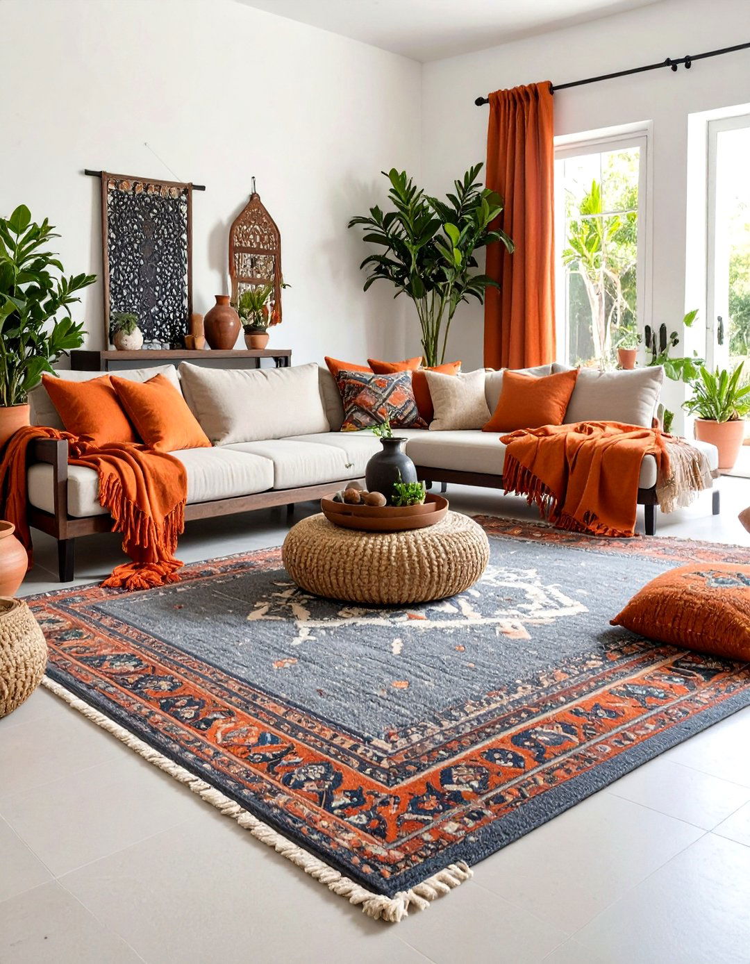 Terracotta Textiles on Grey Carpet - 20 grey carpet living room ideas