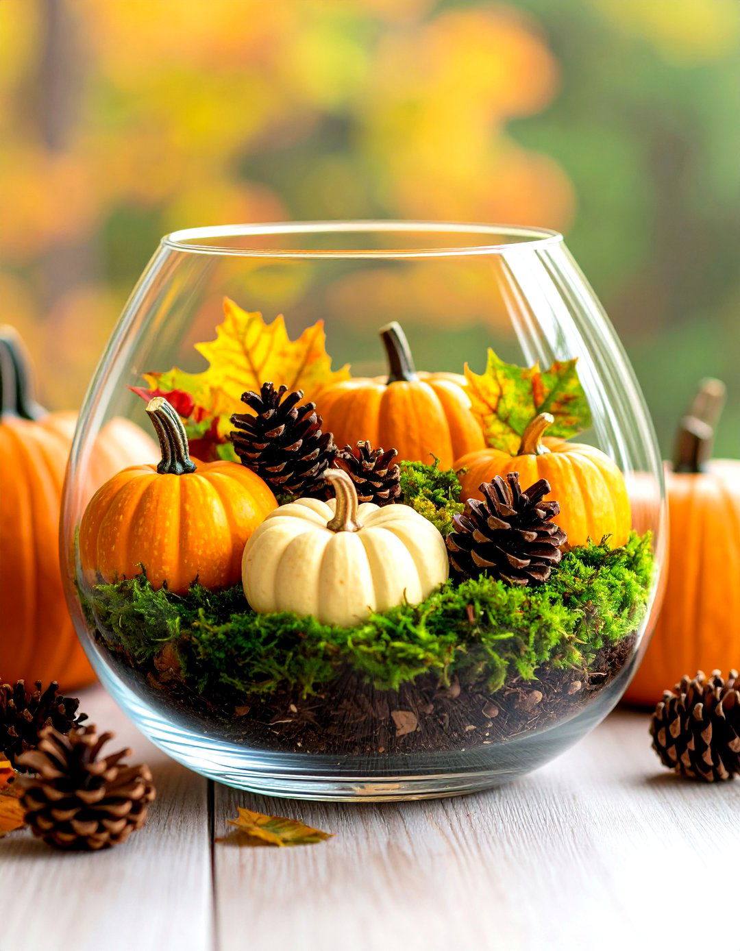 Terrarium with Moss and Mini Pumpkins - 20 Thanksgiving Centerpiece Ideas