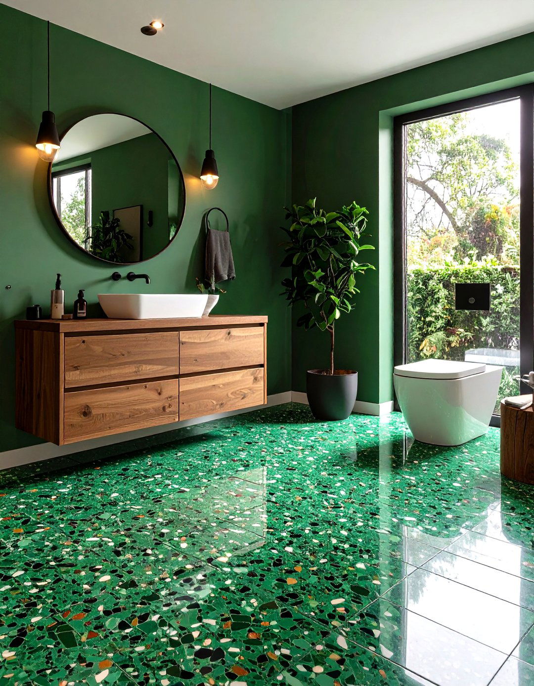 Terrazzo Inspired Green Tile Floors in a Powder Room - 20 Green Powder Room Ideas