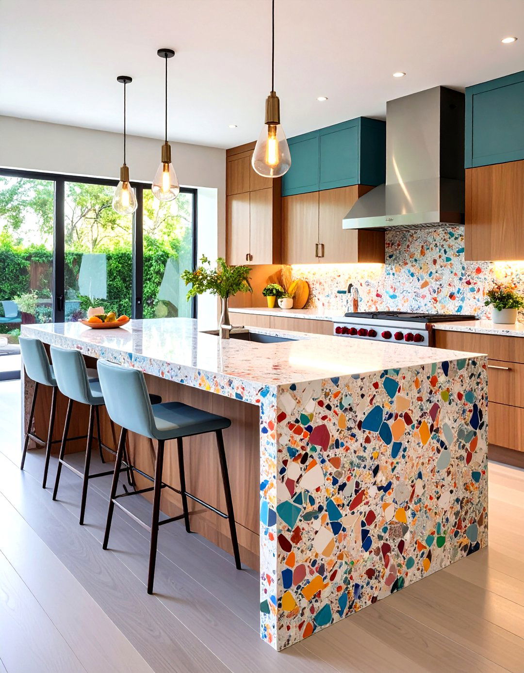Terrazzo Waterfall Kitchen Island with Playful Speckled Patterns - 20 Waterfall Kitchen Island Ideas