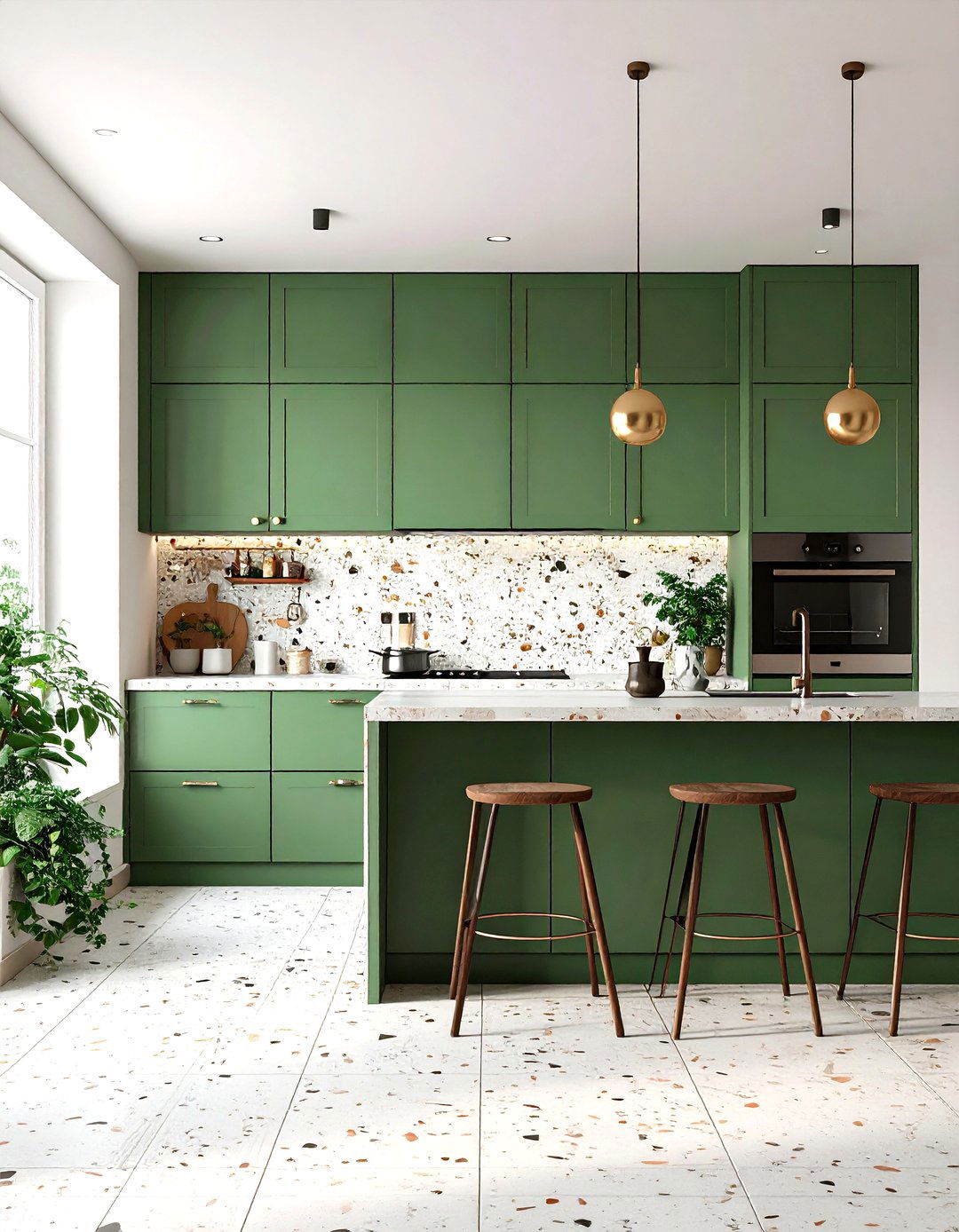 Terrazzo or Pattern Tile with Green Cabinets - 20 Green Kitchen Cabinet Ideas