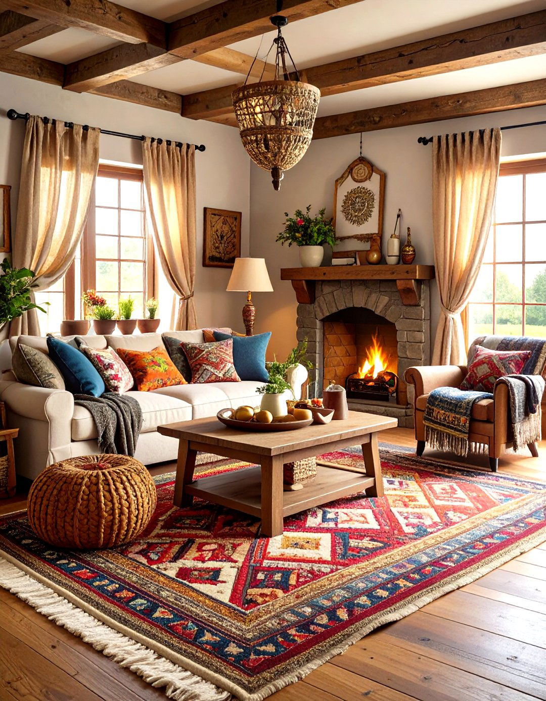 Textile Rich Primitive Living Room with Handwoven Elements - 20 Primitive Living Room Ideas