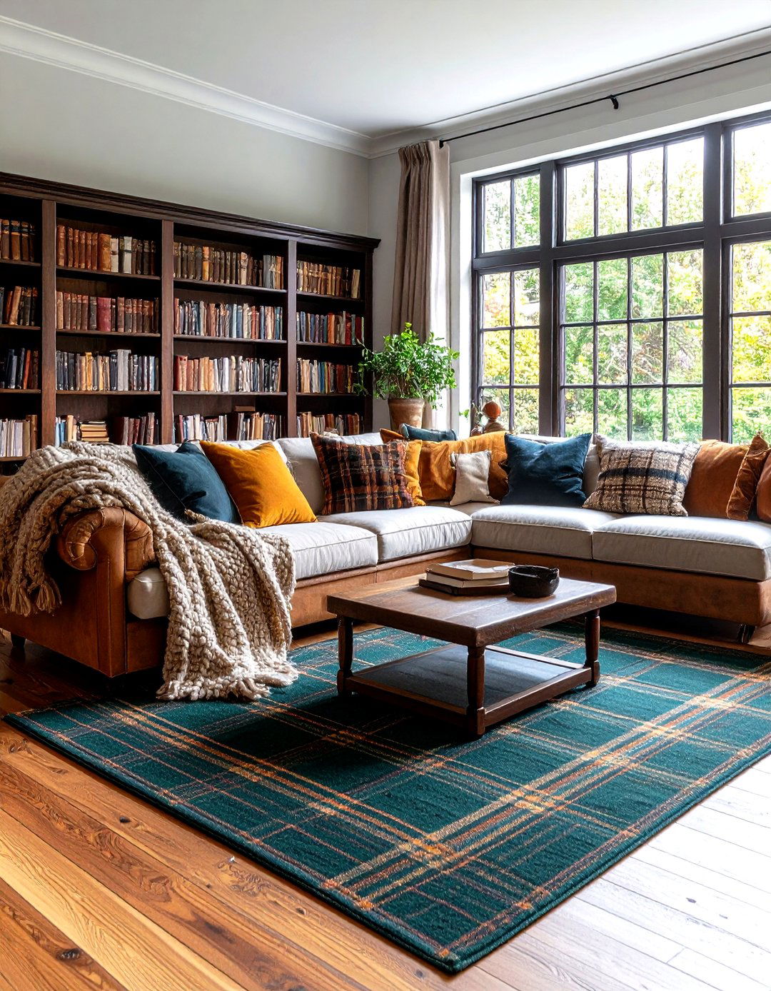 Textural Tartan Home Library Comfort - 20 Dark Green Home Library Ideas and Inspiration