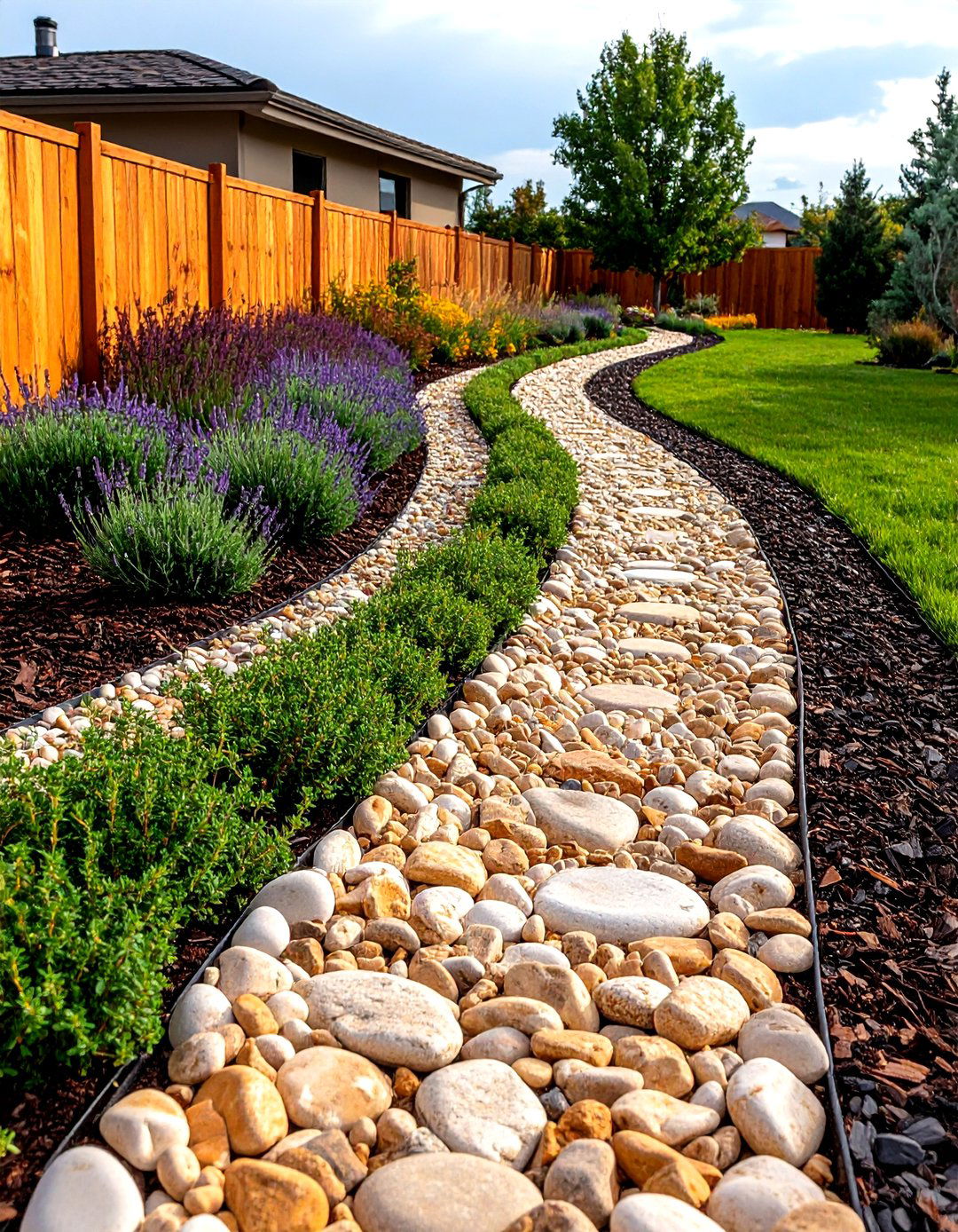 Texture Mix With Graded River Rock and Mulch - 20 Front Yard Landscaping Ideas With Rocks and Mulch