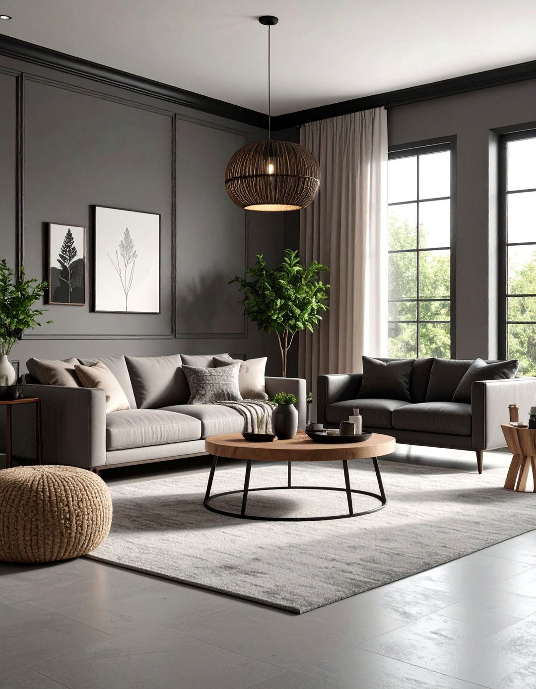 Texture Rich Living Room With Grey Walls and Black Trim - 20 Living Room With Grey Walls and Black Trim