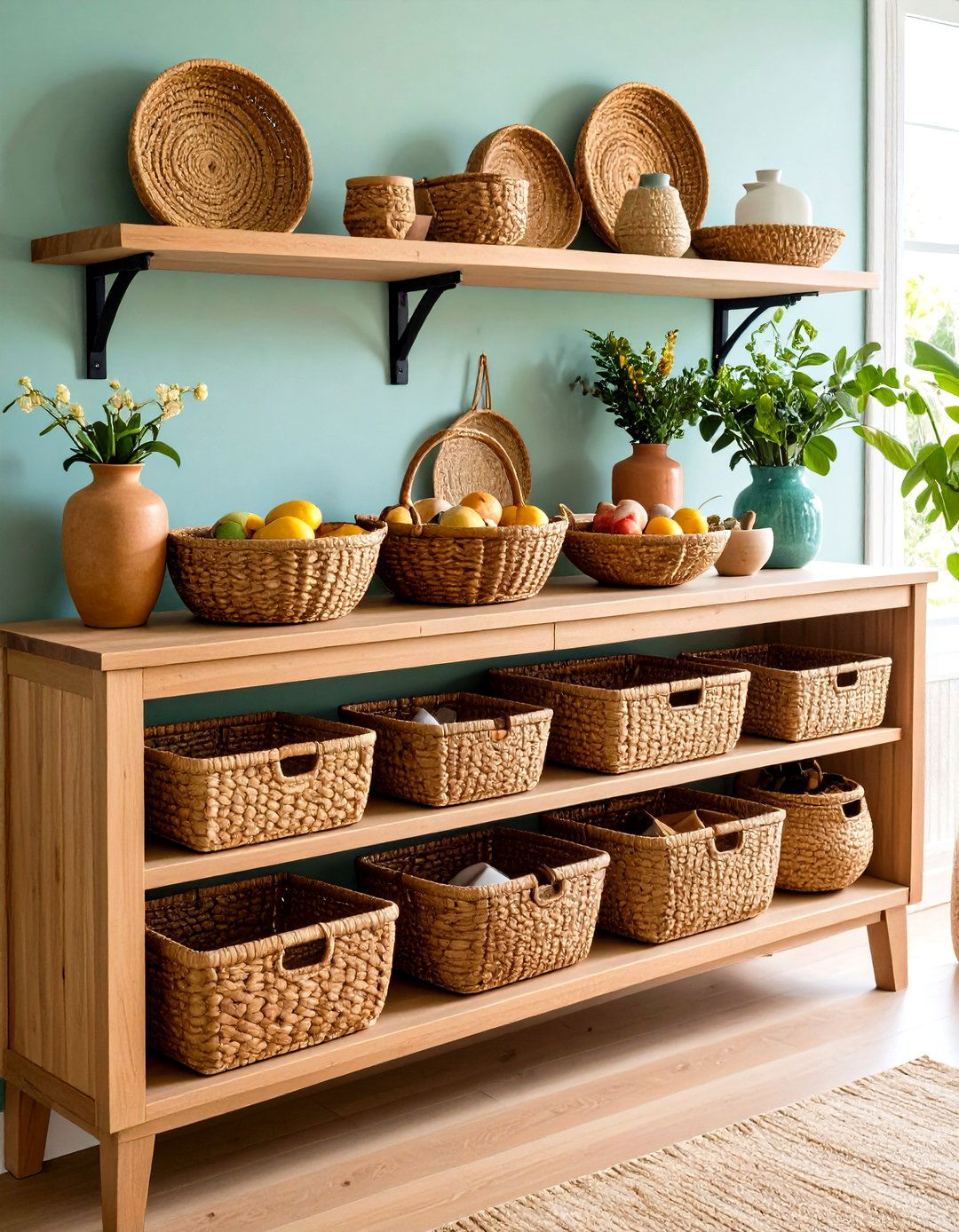 Textured Baskets for Concealed Storage - 20 Sideboard Decor Ideas