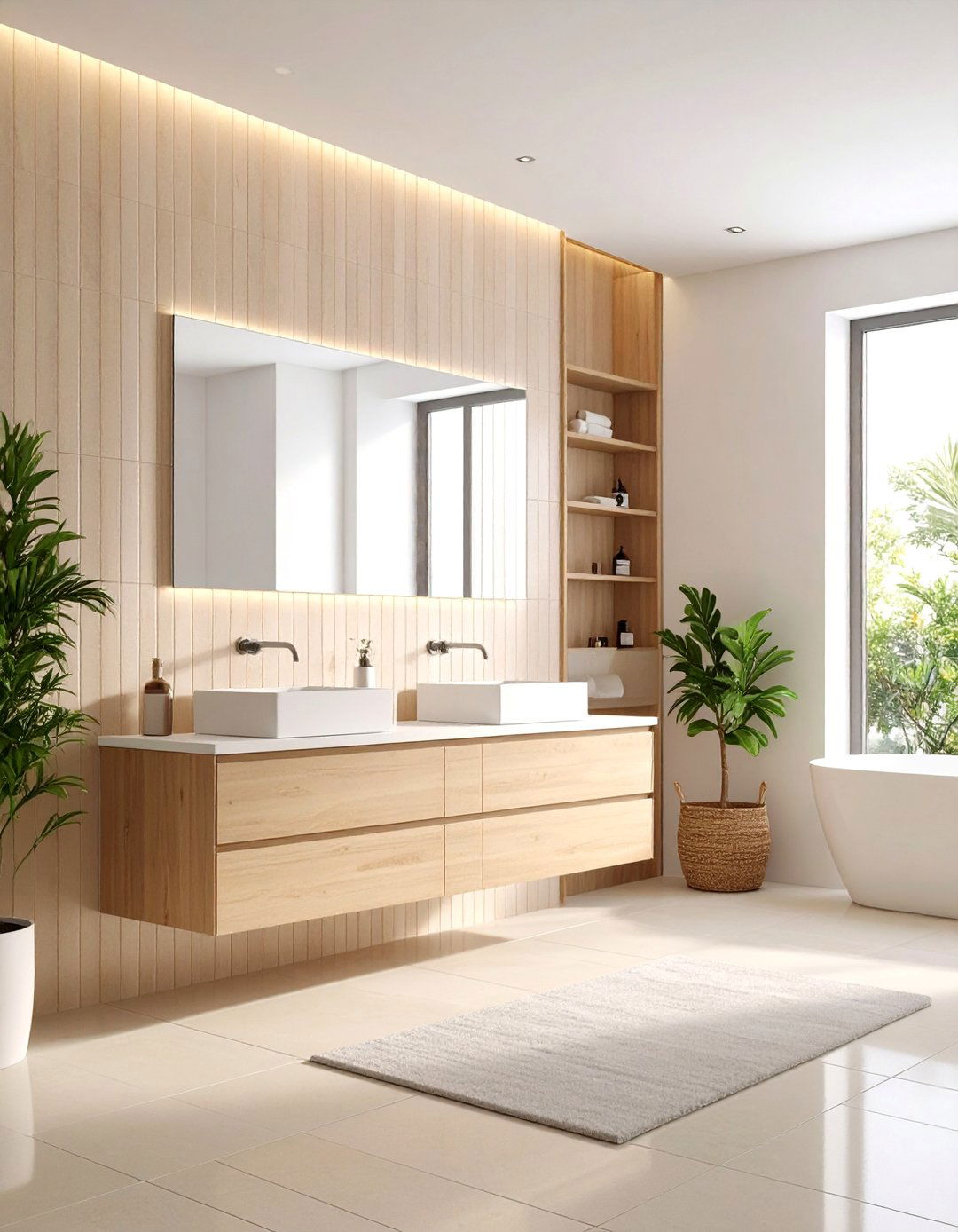 Textured Beige Tile Bathroom Feature Wall - 20 Beige and White Bathroom Ideas