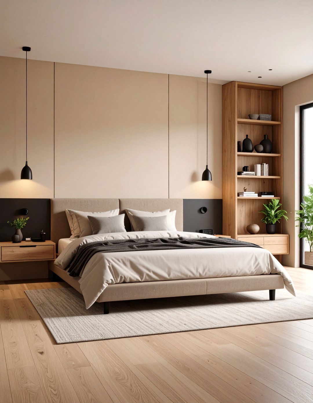 Textured Beige Walls and Matte Black Hardware - 20 Black and Beige Bedroom Design Ideas