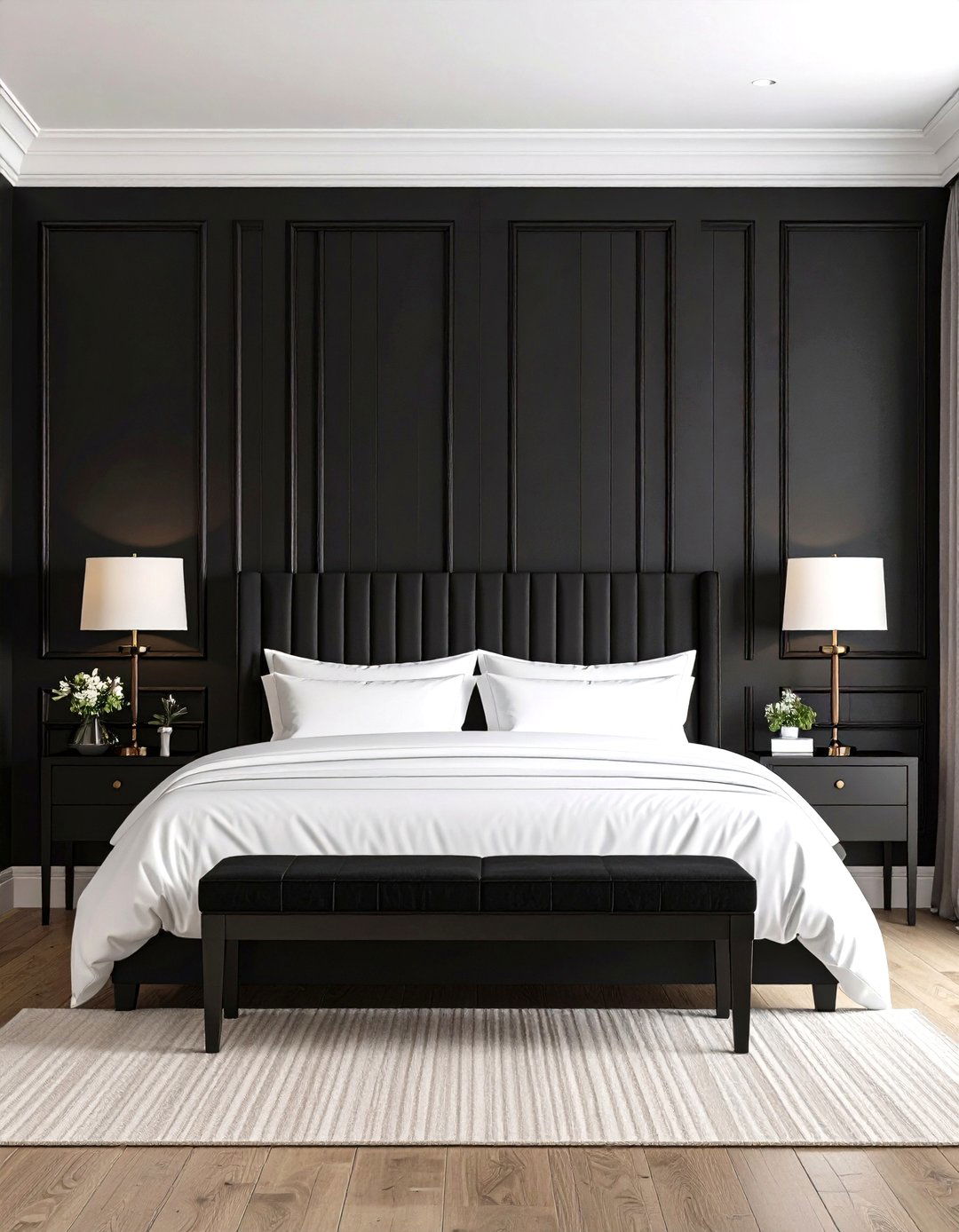 Textured Black Accent Wall with White Trim - 20 Feminine Black and White Bedroom Ideas