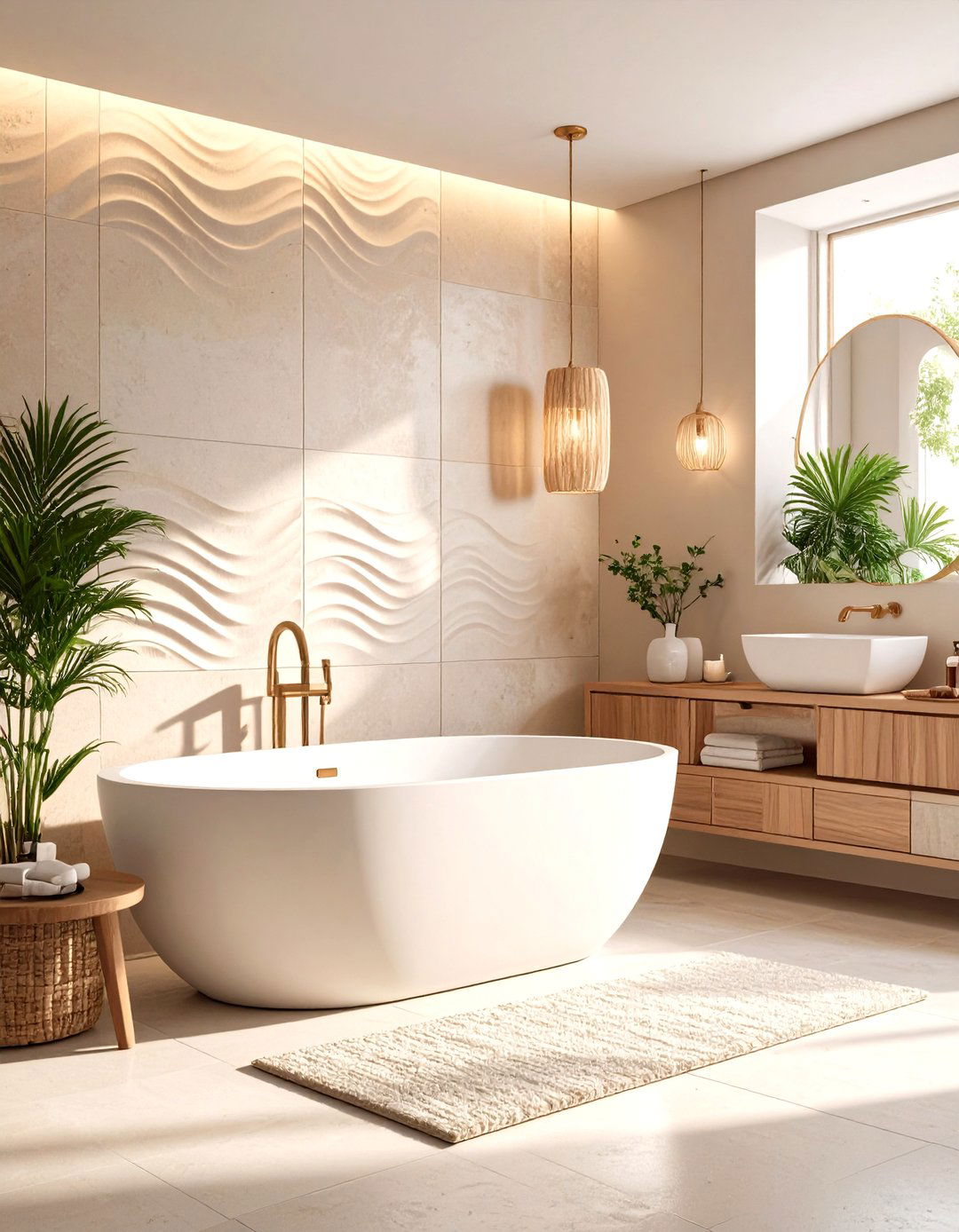 Textured D Half Wall Tile Adds Tactile Depth - 20 Half-wall Tile Bathroom Ideas