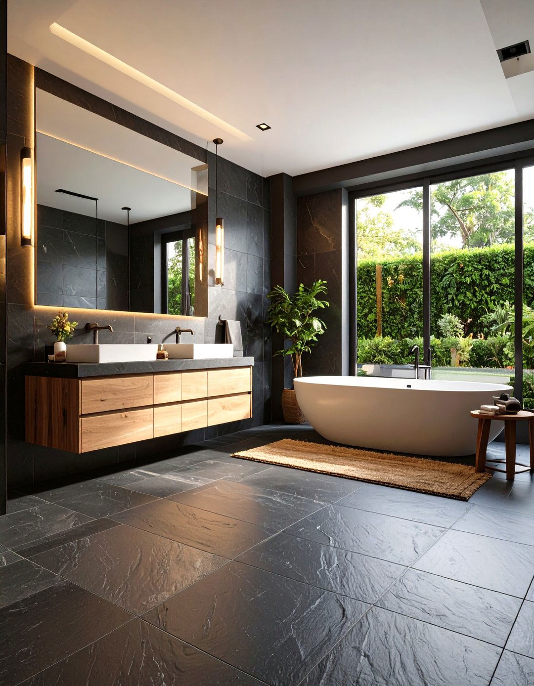 Textured Dark Stone Floors Anchor Footing - 20 Dark Bathroom Ideas